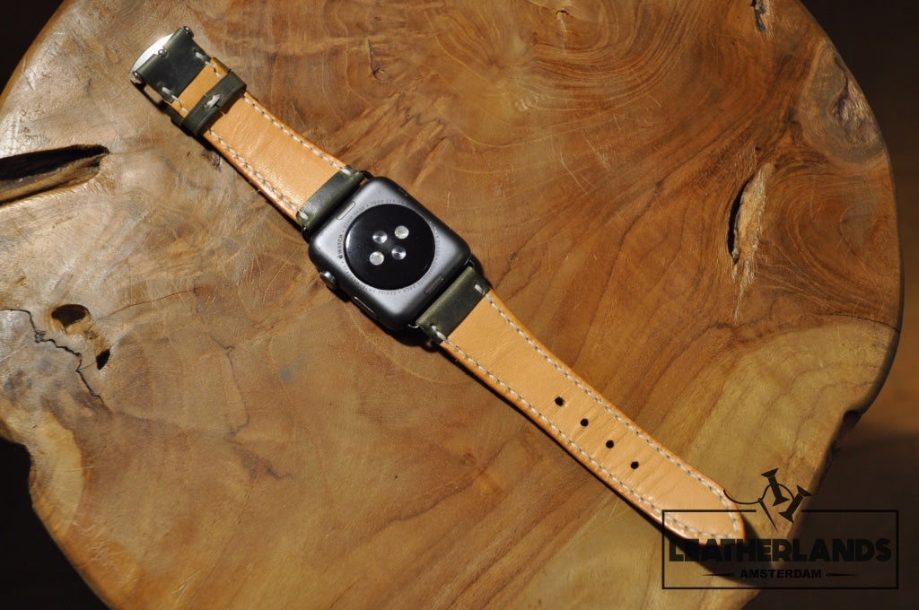 Apple Watch Band In Green & Natural Handstitched