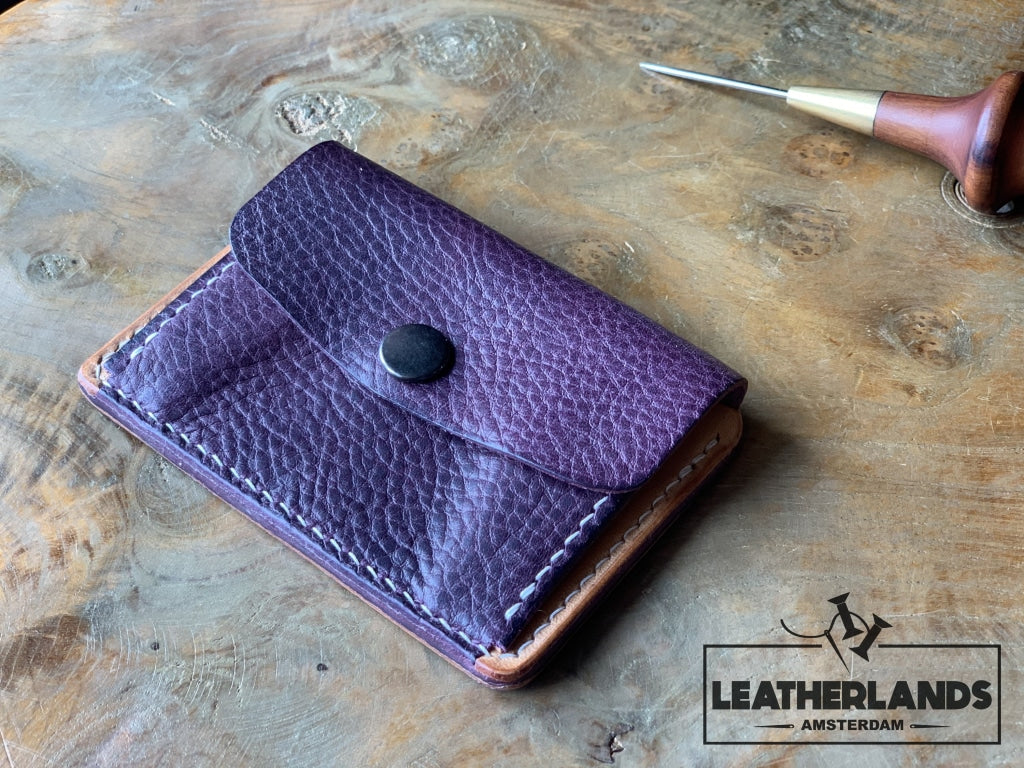 Coin Pouch Card Wallet In Black Natural & Purple / With Initials Handstitched