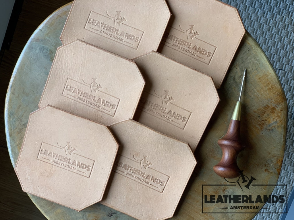 Leather Coasters In Natural A Set Of Six Handstitched