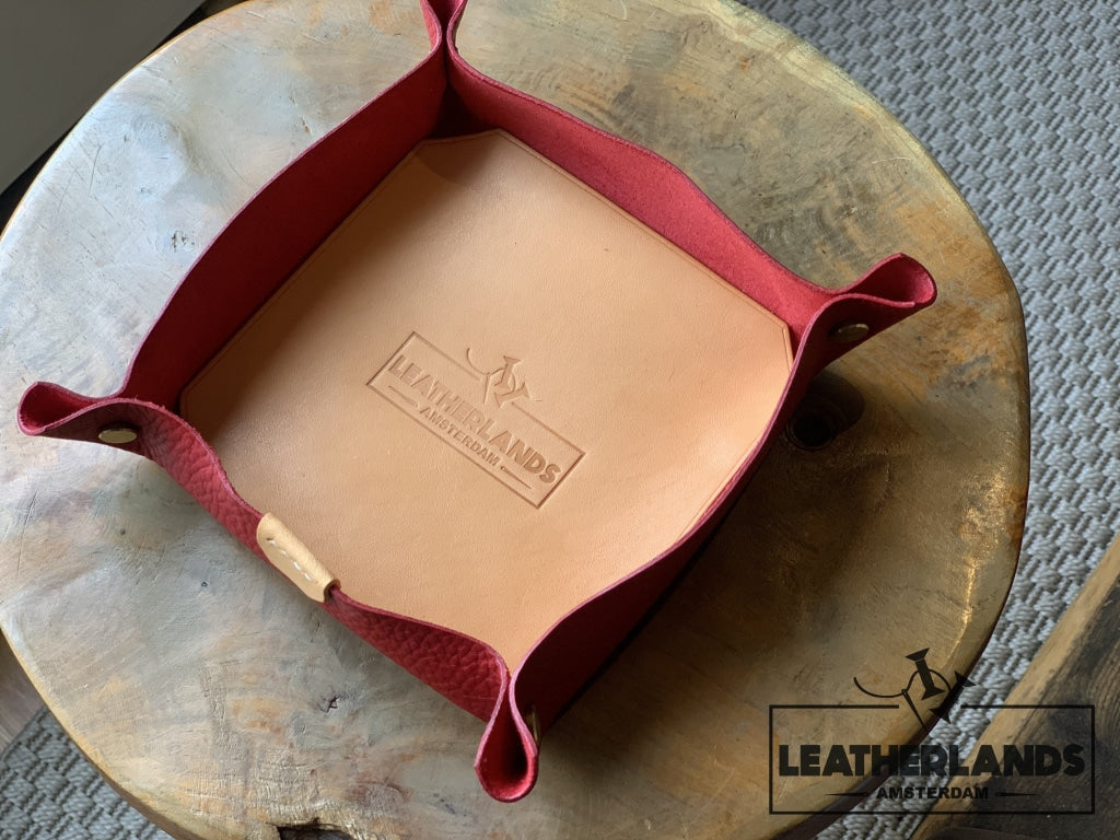 Leather Tray In Natural & Fiesta Red / Medium Without Initials Handstitched