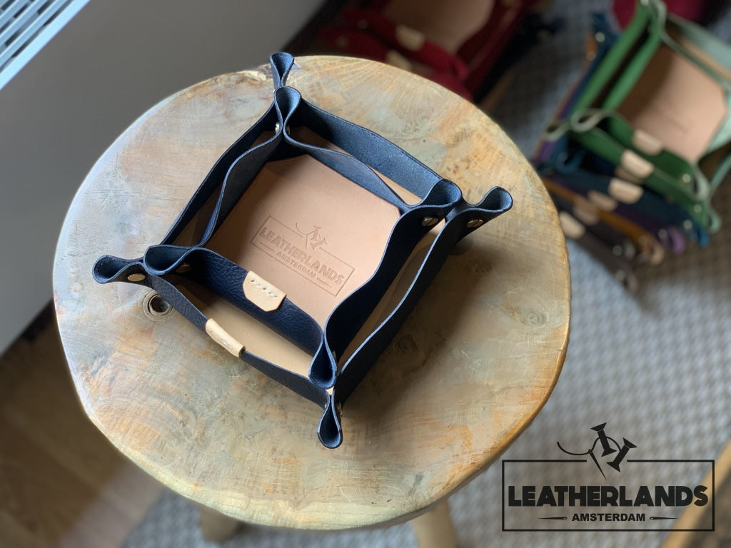 Leather Tray In Natural & Navy Handstitched