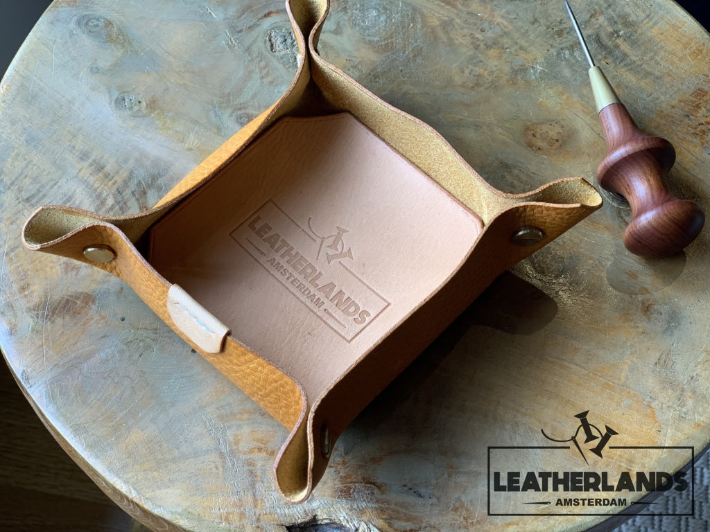 Leather Tray In Natural & Ocra Ochre / Small Without Initials Handstitched