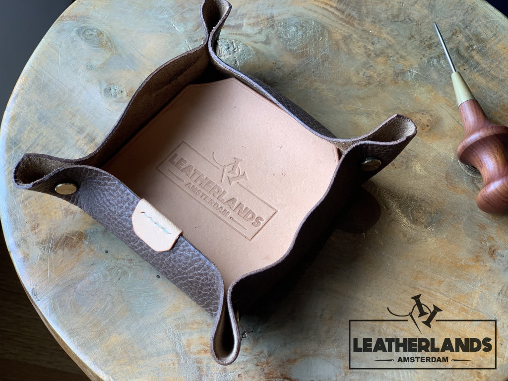 Leather Tray In Natural & Safari Light Brown / Small With Initials Handstitched