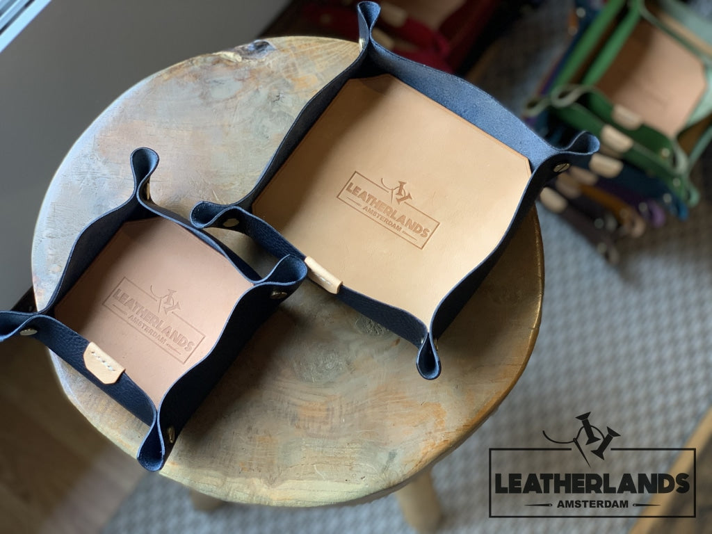 Leather Tray In Natural & Safari Navy / 1 Set Without Initials Handstitched