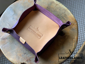 Leather Tray In Natural & Viola Purple / Medium Without Initials Handstitched