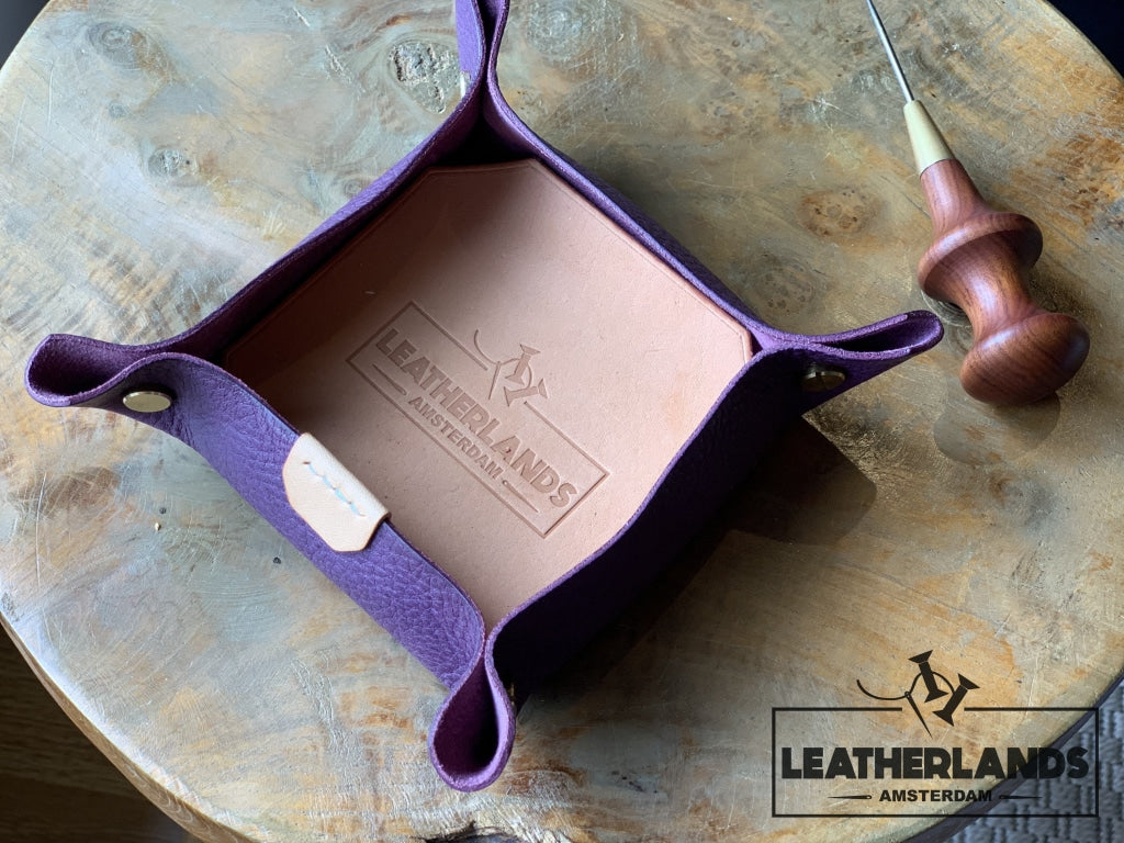 Leather Tray In Natural & Viola Purple / Small Without Initials Handstitched