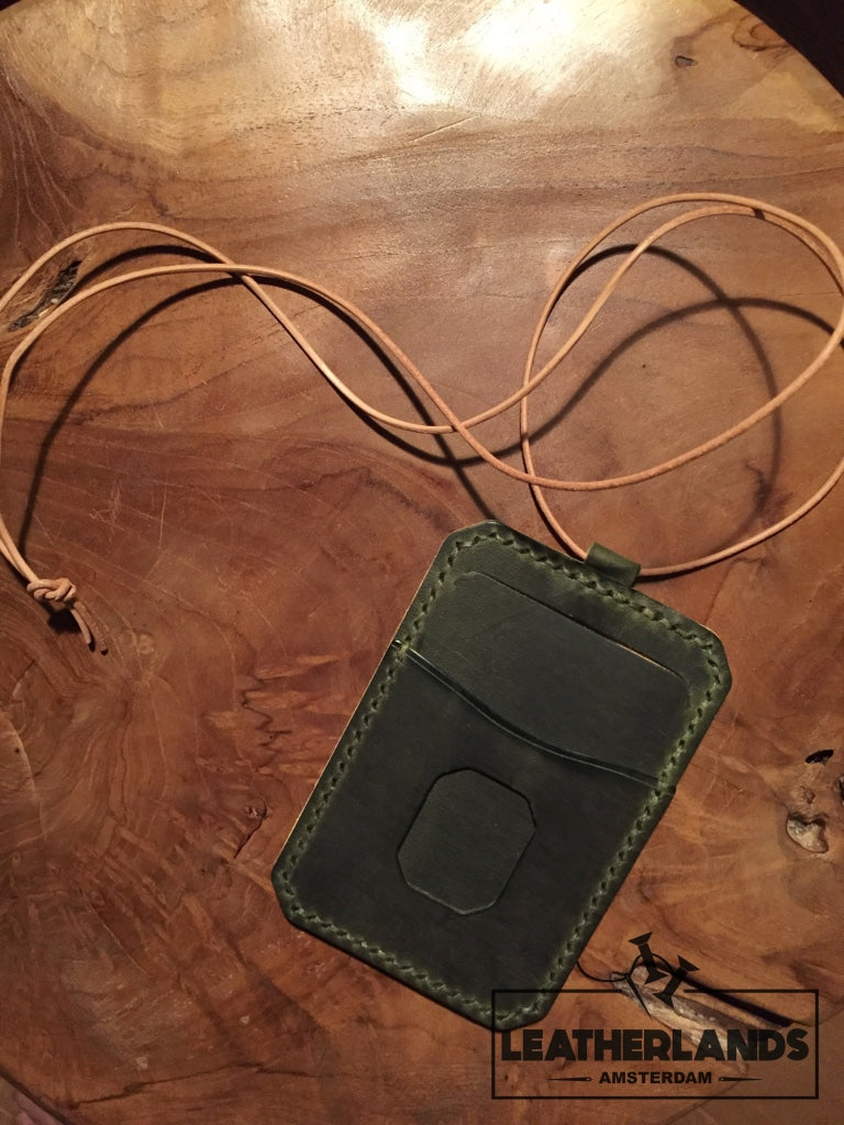 Leatherlands Name Tag/ Work Badge In Green & Natural Handstitched