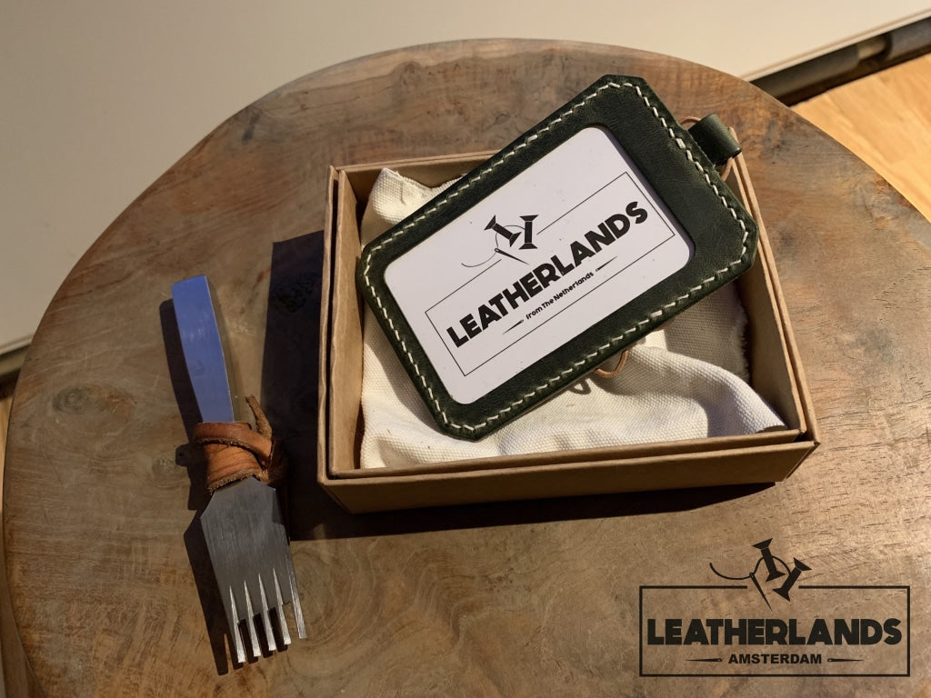 Leatherlands Name Tag/ Work Badge In Green & Natural Handstitched