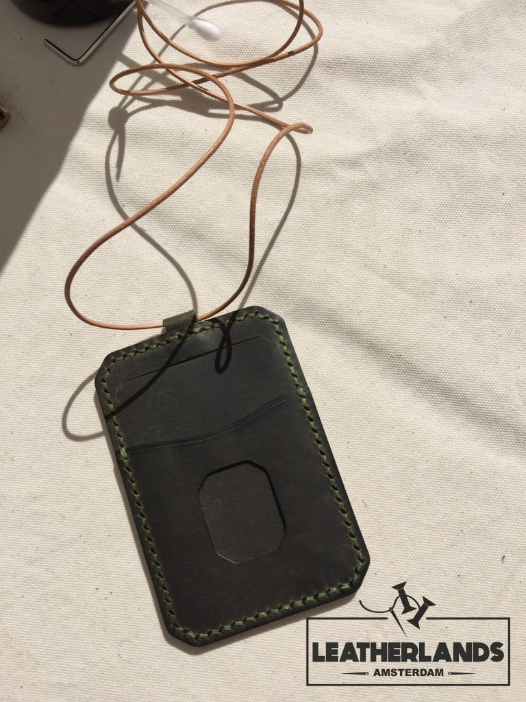 Leatherlands Name Tag/ Work Badge In Green & Natural Handstitched