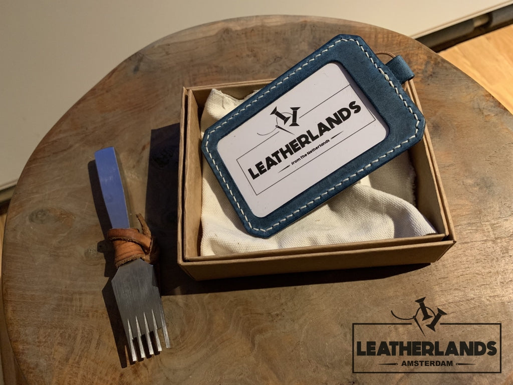 Leatherlands Name Tag/ Work Badge In Ocean Blue & Natural Handstitched