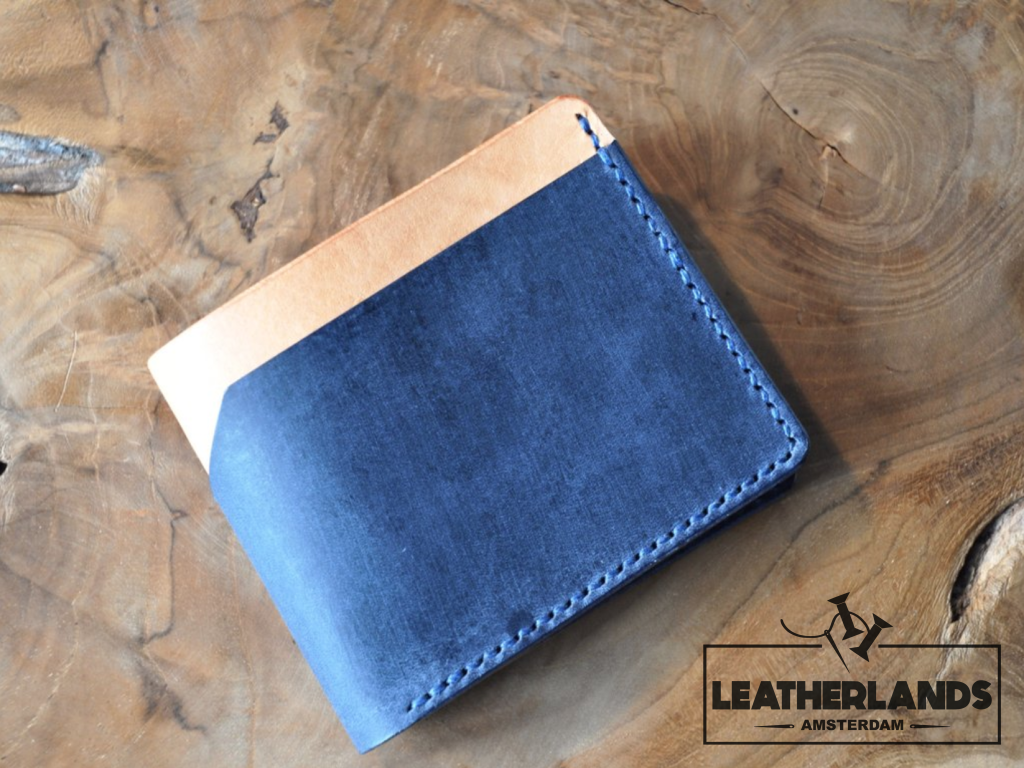 Modern Design Billfold & Coin Pouch Leather Wallet In Navy Natural Handstitched