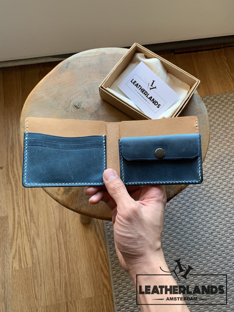 Modern Design Billfold & Coin Pouch Leather Wallet In Ocean Blue Natural Handstitched