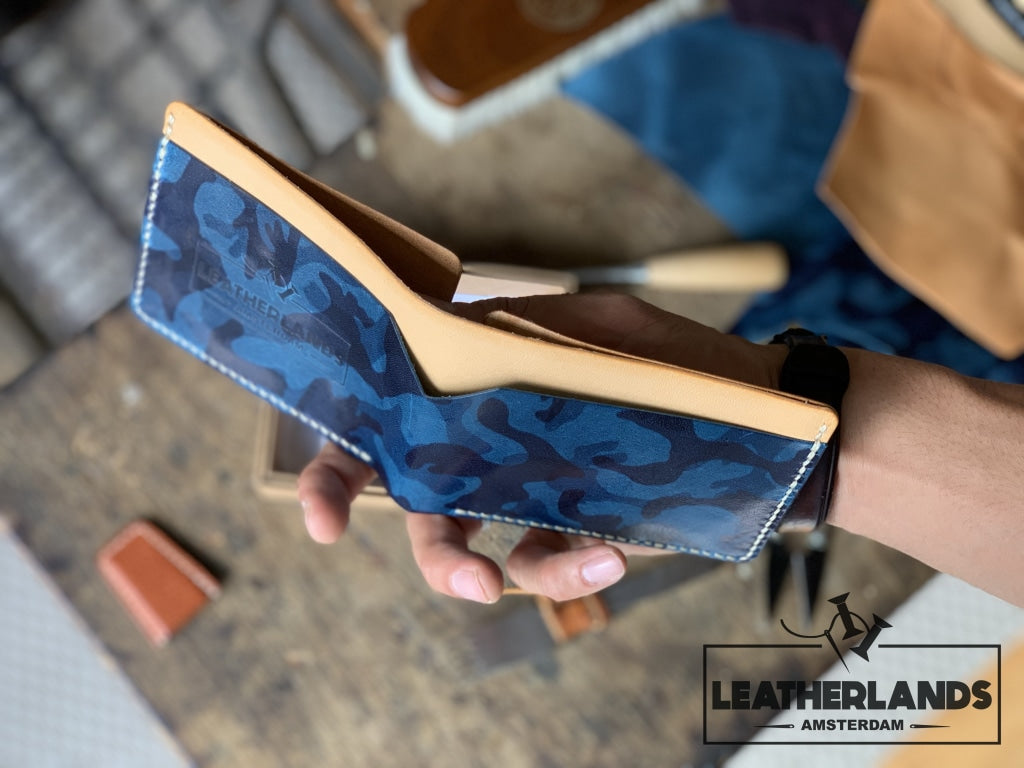 The Billfold In Camo Blue & Natural Colour Handstitched