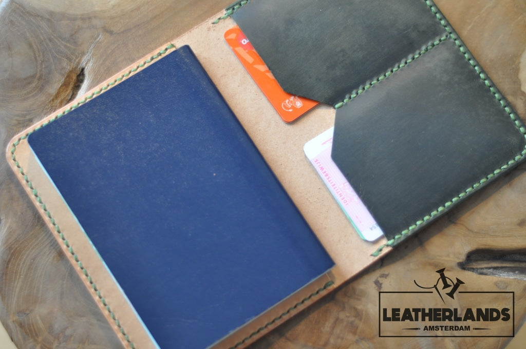 The Domo Passport Holder In Green & Natural Handstitched