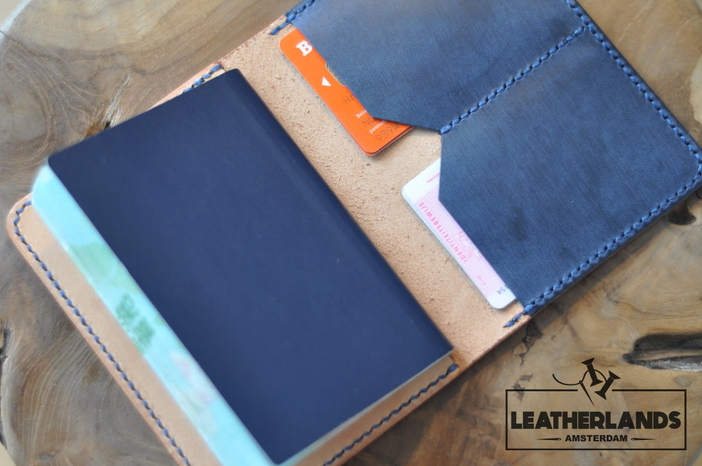 The Domo Passport Holder In Navy & Natural Handstitched